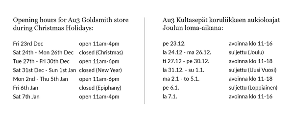 Opening hours for Au3 Goldsmiths store during Christmas holidays