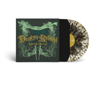 Album cover for destroy rebuild until god shows. The album cover is black and has green abstract imagery. the center of it says "destroy rebuild until god shows" in dark gold text. the album cover represented is for a vinyl sleeve, there is a half clear, half white with dark colored splatter vinyl sticking halfway out of the vinyl sleeve.