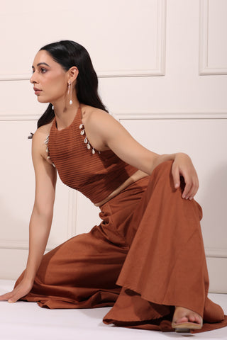 Carmel brown Candy Set palazzo flared pants halter neck top backless for Indian curves in USA