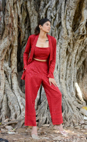 Red Chikankari Co-Ord Set