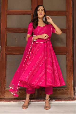 Bandhej Pink Cotton Anarkali Set for women customizable for indian festive wear in USA