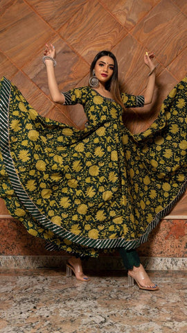 Green Hand Block Anarkali Set for women Indianwear in USA