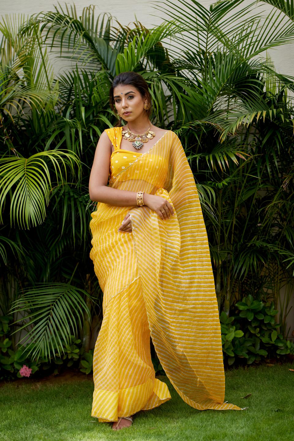 sunshine-organza-leheriya-saree-11522171YL, Women Indian Ethnic Clothing, Organza Saree
