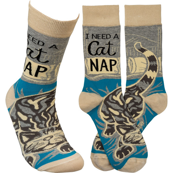 Purr-scription for Joy, Cute Cat Crew Socks - Blue