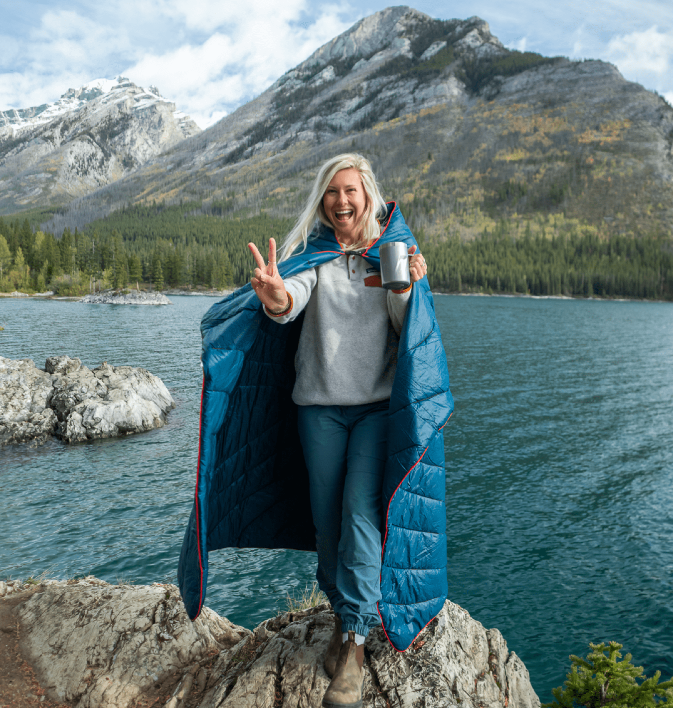 Girl by river enjoying product