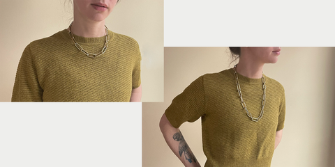 An image collage of The Eliza necklace in 18k gold worn two ways - if you hook the braclet onto the necklace, you get a whole new long layer.