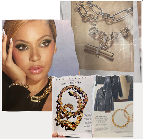 A collage of images from recent fashion magazines showing chunky, statement chain jewelry as the hot new trend.