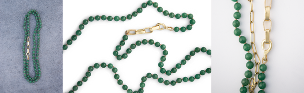 An image collage of the jade necklace with 18k gold hand carved links and handwound 18k gold french wire