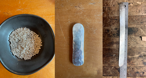 Three stages of making your own sterling silver wire or sheet from casting grain, showing the slightly hammered ingot, as well as the beginning of the cuff, rolled.