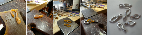 An image that shows the progression of wax carving from block to final solid casting in sterling silver.