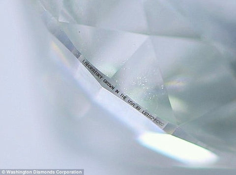 An image from the Washington Diamond Corporation sourced from the Daily Mail showing a microscopic inscription on a lab grown diamond.