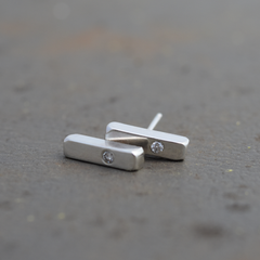 Half Inch sterling silver bar stud earrings with 2.0 mm diamonds