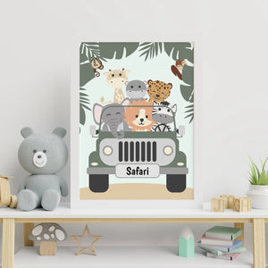Safari animals print in a white frame, leaning on a shelf