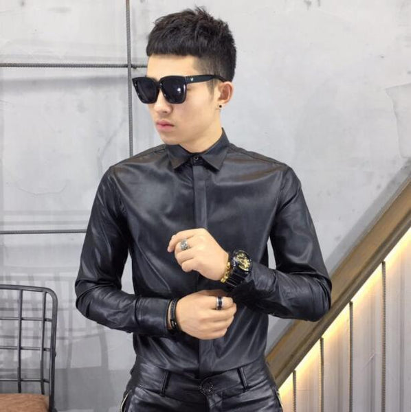 Imitation sheepskin washed leather long-sleeved shirt men trend