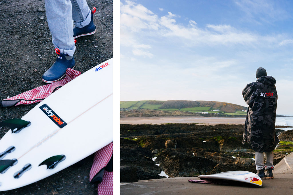 Two images of surfer, Andrew 'Cotty' Cotton. One wearing a pair of Xtratuf Ankle Deck Boots and the other looking along the coastline wearing a long jacket and beanie hat