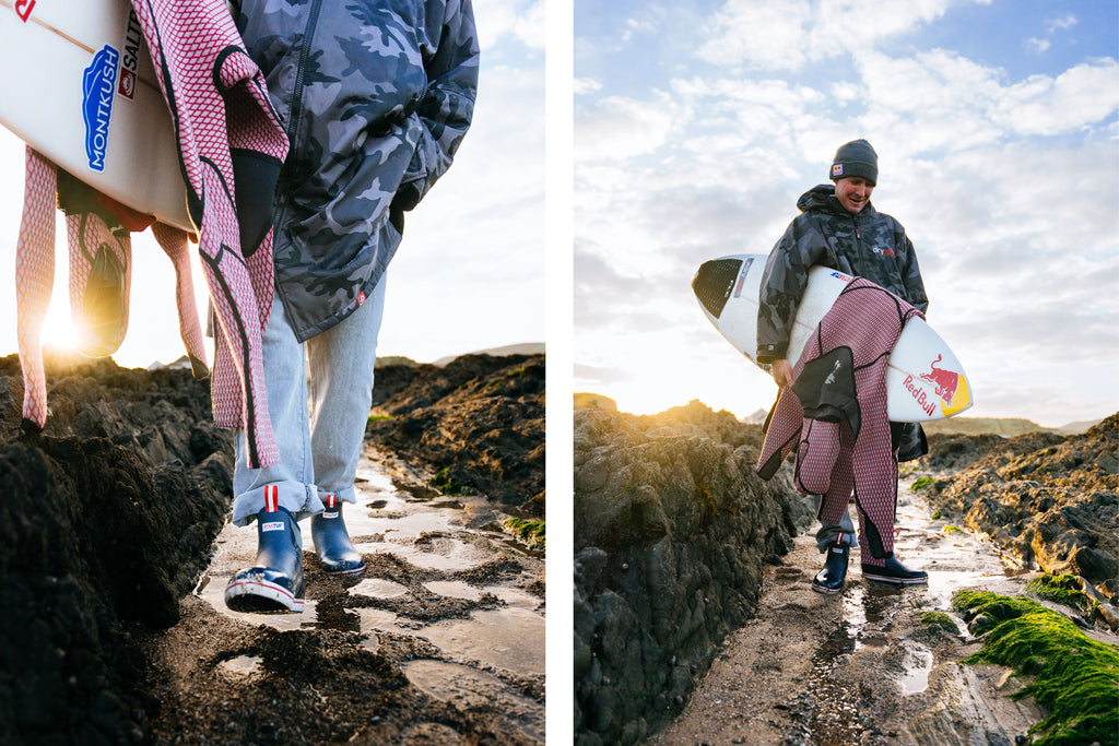 Two images of surfer, Andrew 'Cotty' Cotton. Wearing Xtratuf Ankle Deck Boots, a long coat and holding a surfboard in both