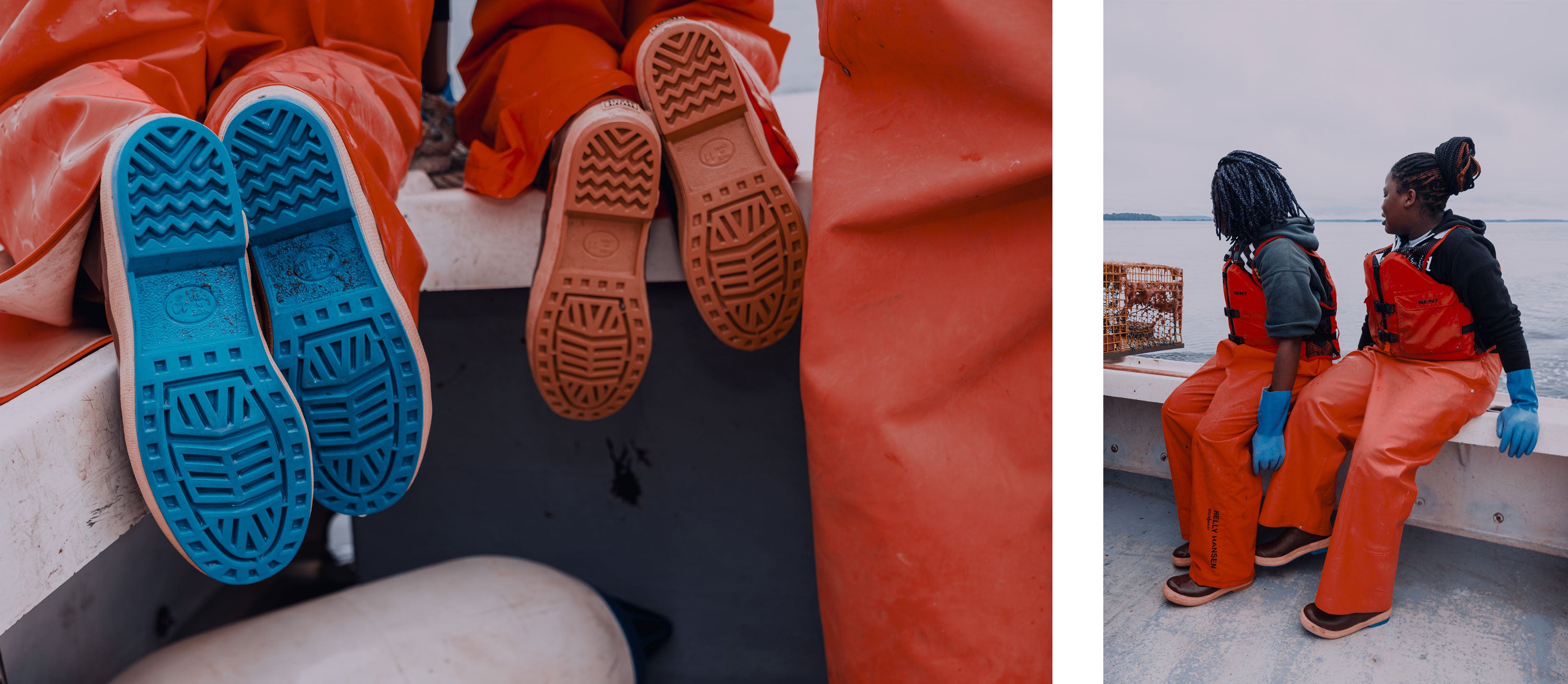 On the left a close-up image of two people kneeling on the edge of a boat, wearing orange coveralls and showing the outsoles of their Xtratuf ankle deck boots. On the right are two women sat on the edge of a boat, wearing orange coveralls, blue gloves and Xtratuf Legacy Boots