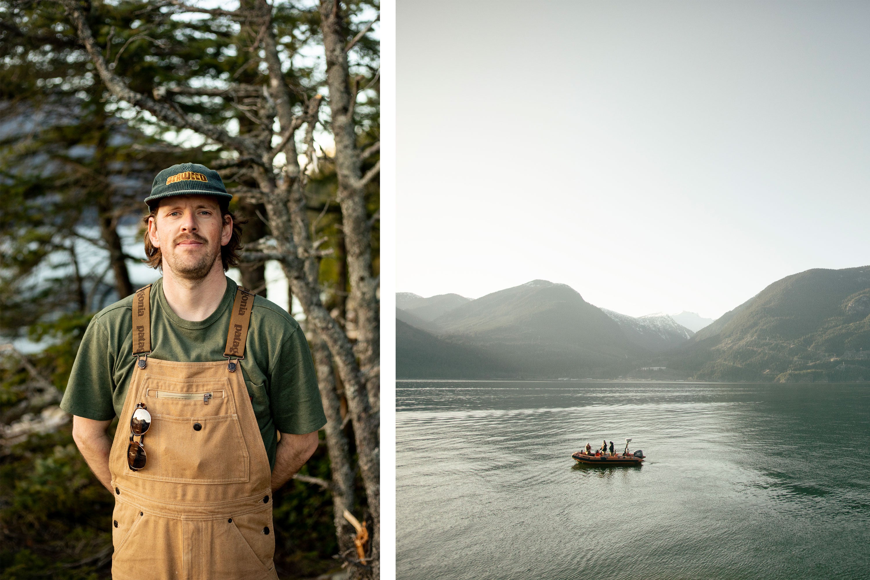 Addison Farr posing for a photo wearing a tan coloured bib and brace with sunglasses hanging from a pocket, an olive t-shirt and green cap. He's stood in front of some pine trees. The team out on a small zodiac boat in the middle of a lake, surrounded by mountains