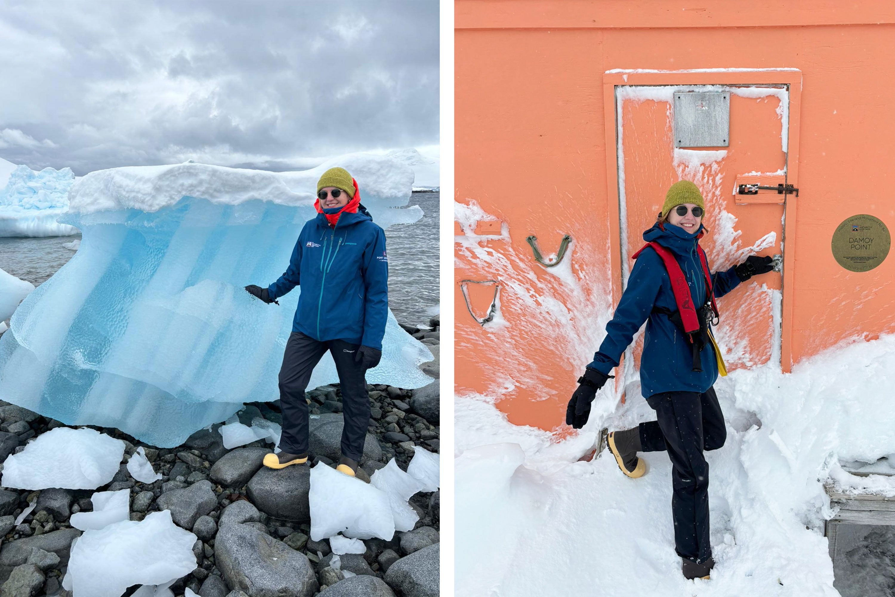Two images of people wearing sunglasses and warm weather clothing, including a beanie hat, gloves and pair of Xtratuf boots. On the left the person is stood on rocks, in front of a small iceberg and on the right they are stood on snow, in front of a peach coloured door
