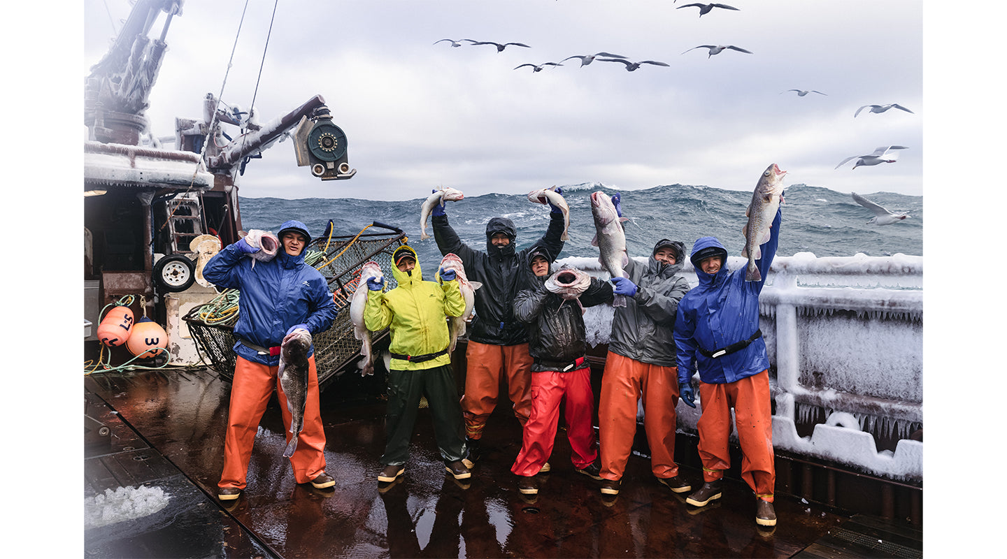 Crew on board a ship celebrating holding fish in the air with gulls flying overhead