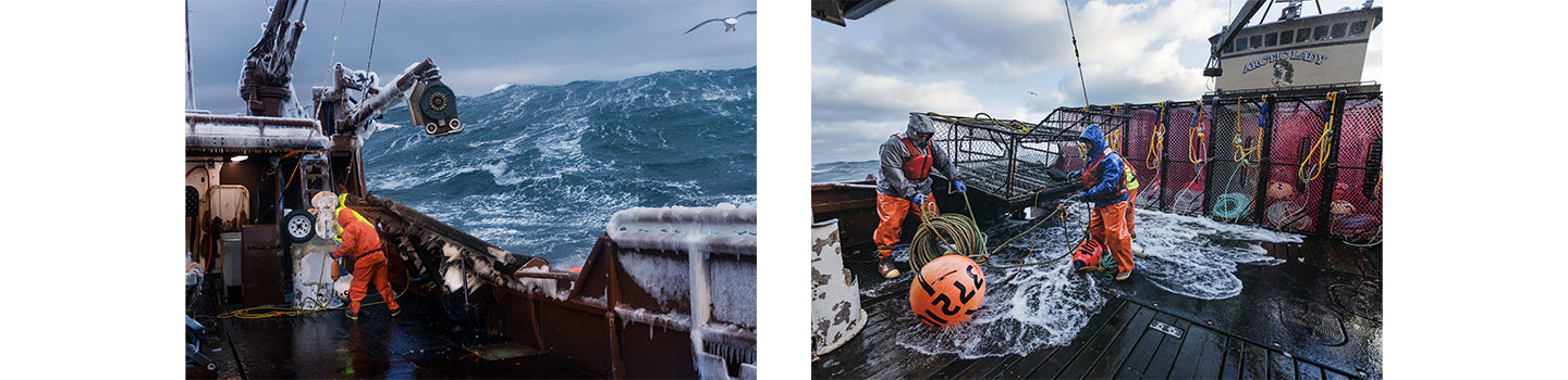 A montage of two images including crew on a boat in stormy seas