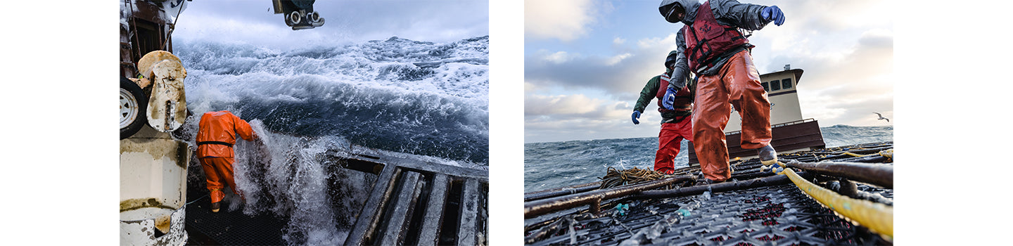A montage of two images including crew on a boat in stormy seas