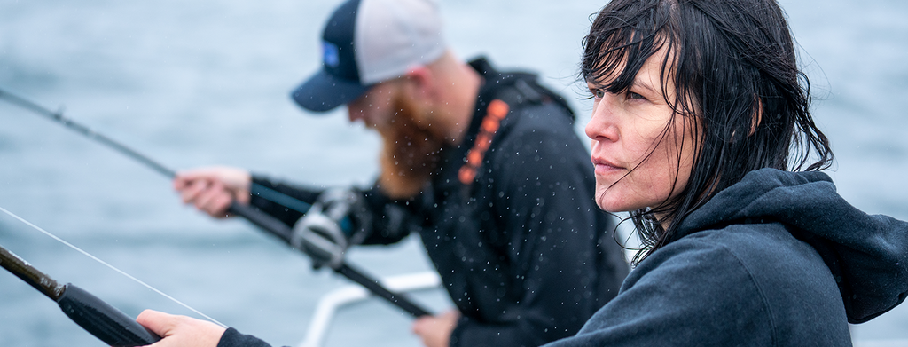 Sarah Braund Fishing on her boat in the rain