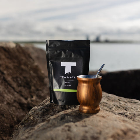 TEA MATE - Yerba Mate in a gourd and in a package in Australia in front of a serene background