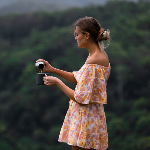 TEA MATE Yerba Mate Versus Coffee | What Would You Pick? Lady With Floral Dress Camping Drinking Tea