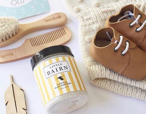 Organic Natural Baby powder with baby shoes and hair brush