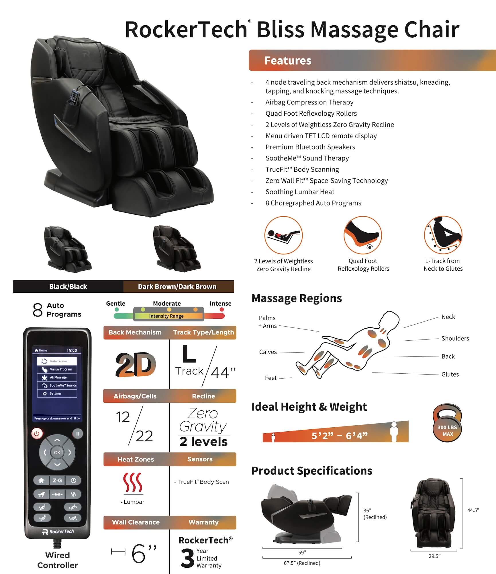 RockerTech Bliss Zero Gravity Massage Chair Spec Sheet