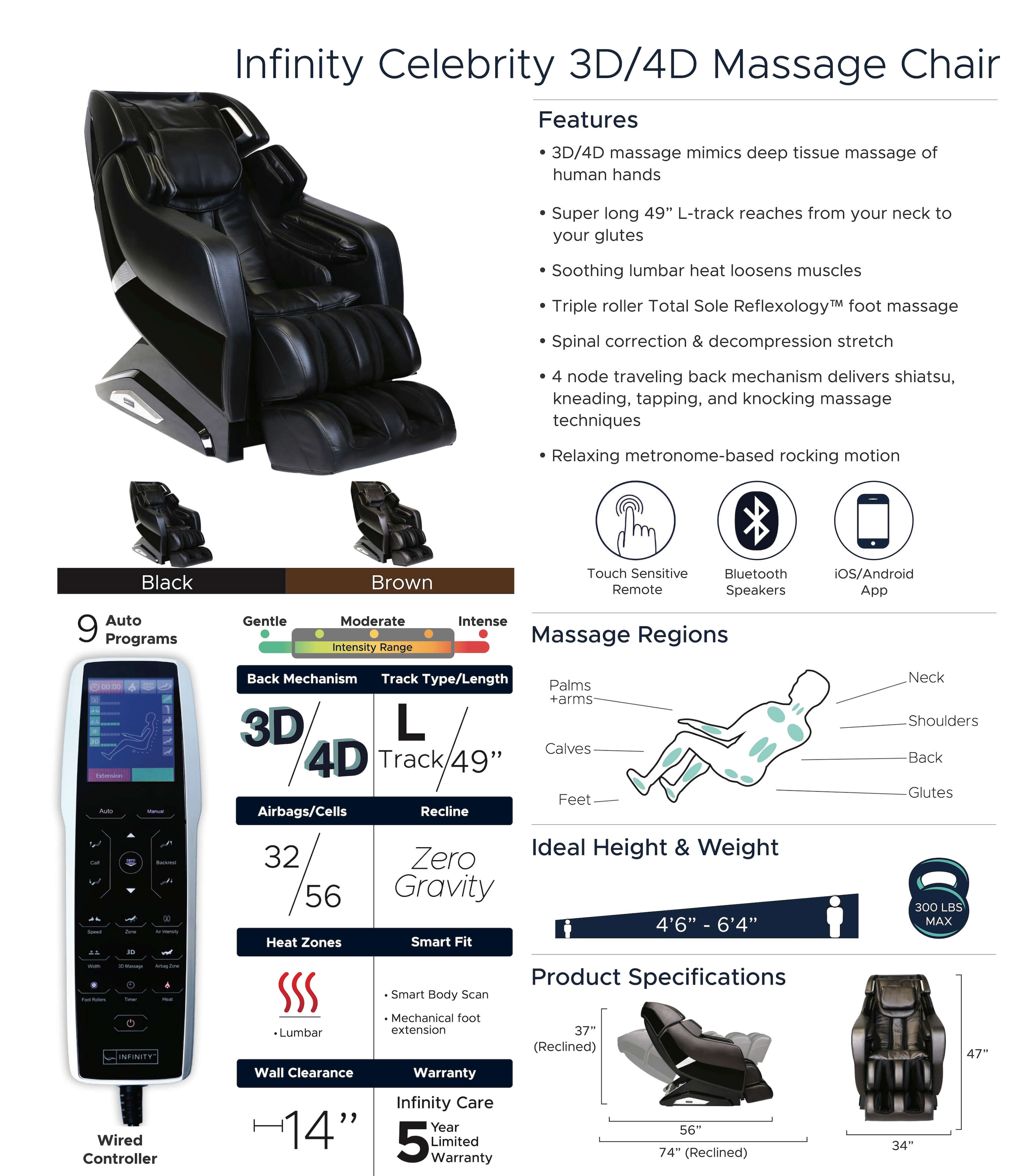 Infinity Celebrity 3D/4D Massage Chair Spec Sheet