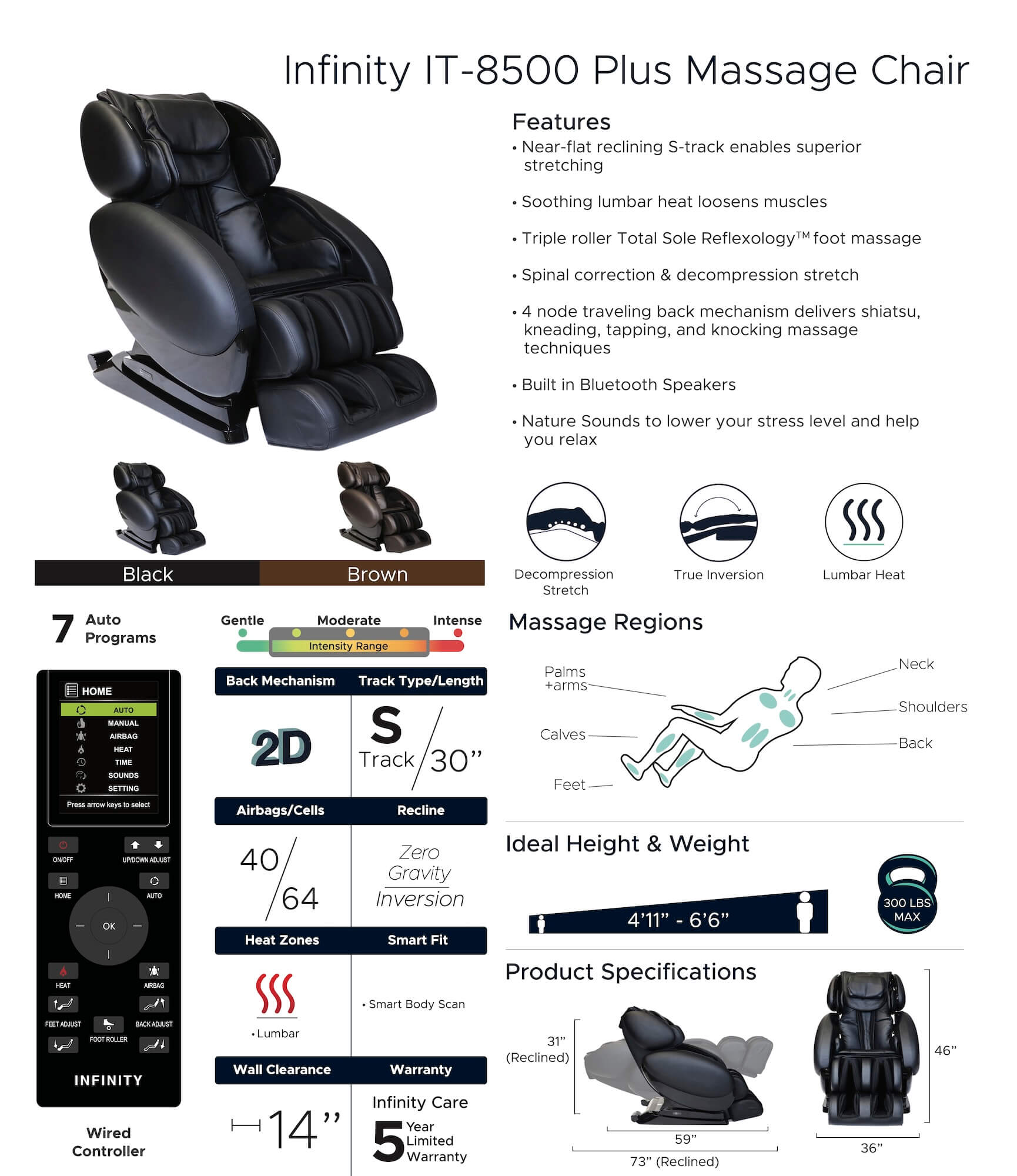 Infinity IT-8500 Plus Massage Chair Spec Sheet