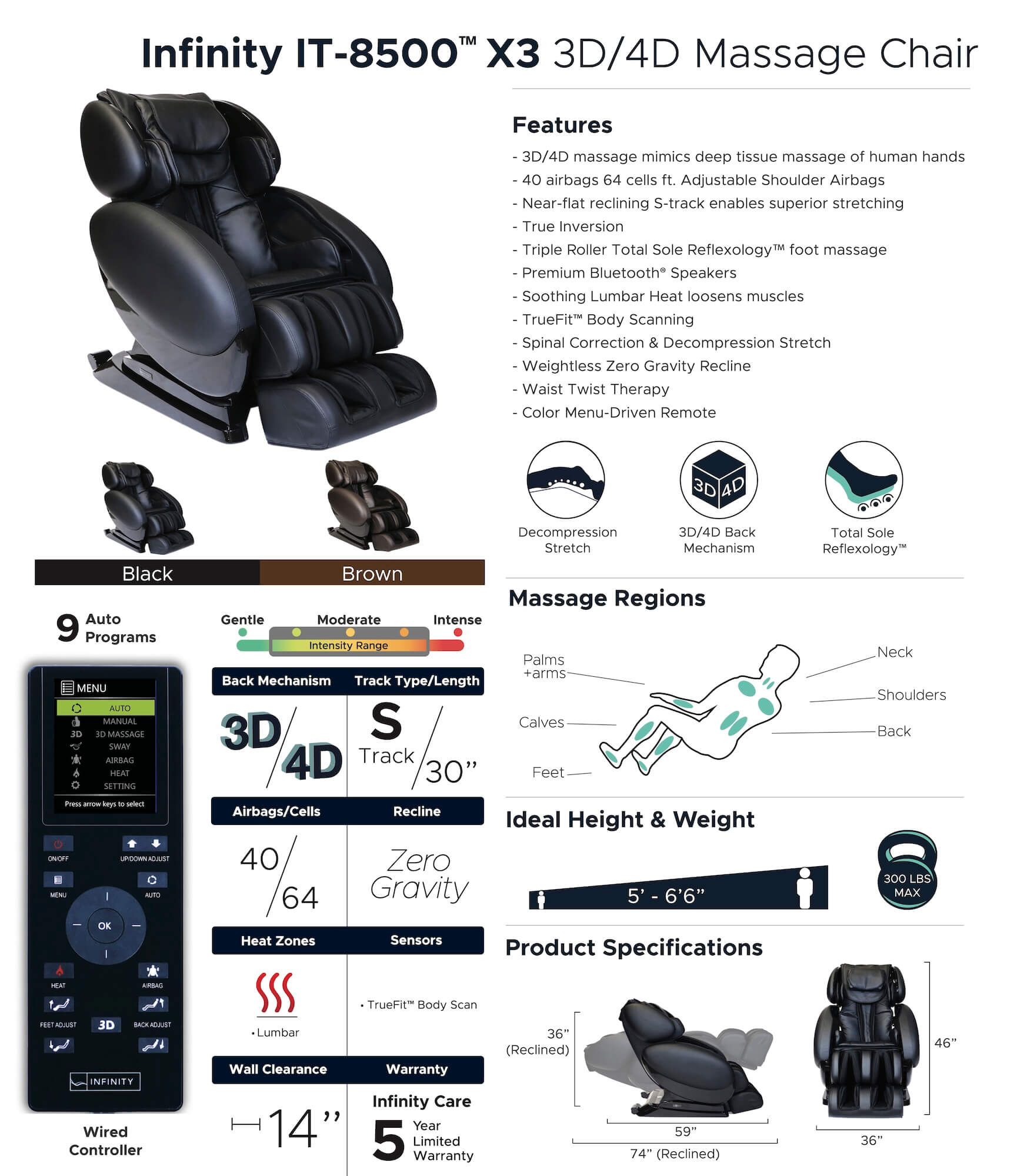 Infinity IT-8500 X3 3D/4D Massage Chair Spec Sheet