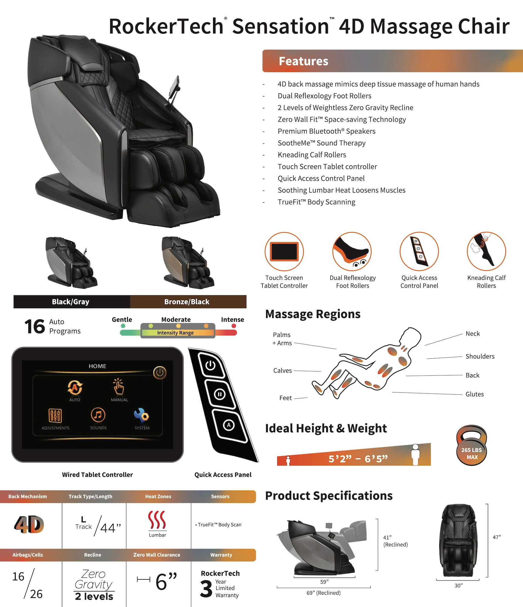 RockerTech Sensation 4D Massage Chair Spec Sheet