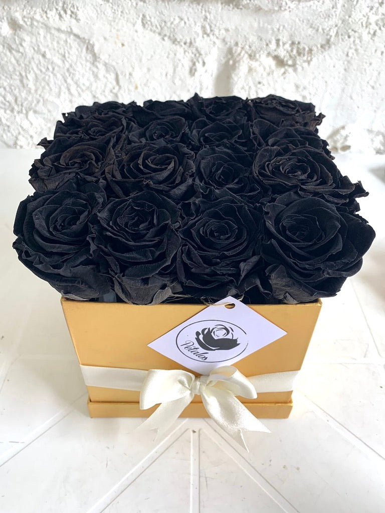 Caja deluxe de rosas preservadas negras – Pétalos Colombia