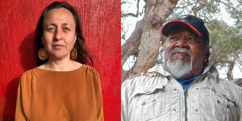 Dr Sharon Huebner and Ezzard Flowers. The authors of No Longer A Wandering Spirit. Two author headshots are arranged side by side. Sharon has long hair and is wearing a scoop neck blouse. Sharon looks directly at the camera and is wearing earrings that are circular in shape and made of a woven straw. Ezzard is standing outside under some trees. He is looking off into the distance. Ezzard is wearing a cap on his head and a button up shirt. A person not pictured is resting their hand on Ezzard's shoulder.