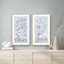 Load image into Gallery viewer, Cranes and Gardenias, a blue chinoiserie fine art print
