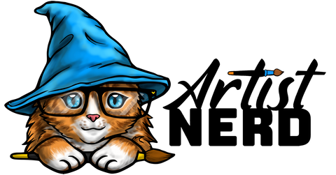 Artist Nerd text and Cat in wizard hat with glasses.  