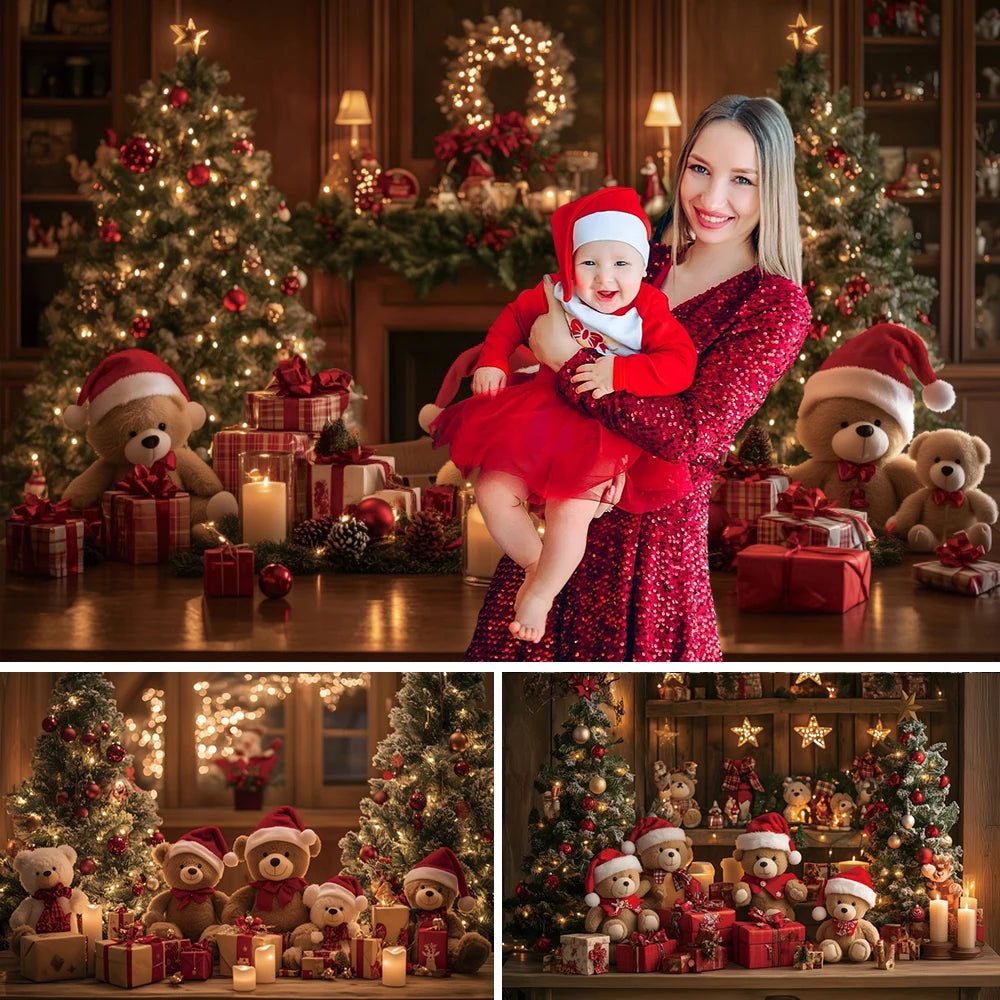 Merry Christmas Backdrop Fireplace Xmas Tree Gift Toy Bear Family Party Decor Baby Photo Photographic Background Photo Studio