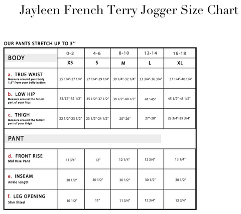 SIZE CHART - Anatomie Terry Jogger