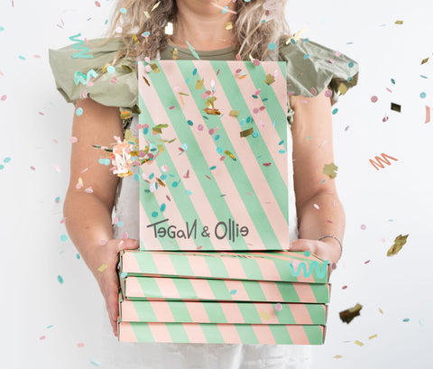 Tegan and Ollie baby pajamas, pink and green packaging, unique packaging ideas, newborn gifts, baby shower gifts