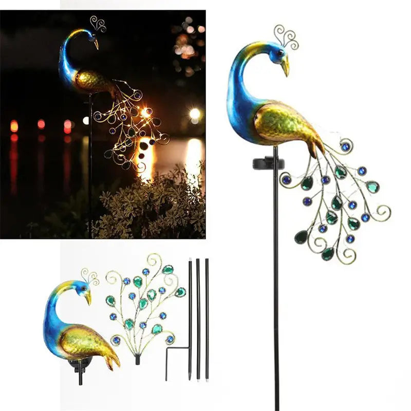Solar Peacock Lights Outdoor LED Light Metal Peacock Statues