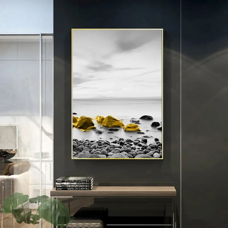 Lake Pier Landscape Canvas - Golden Boat Nordic Poster for
