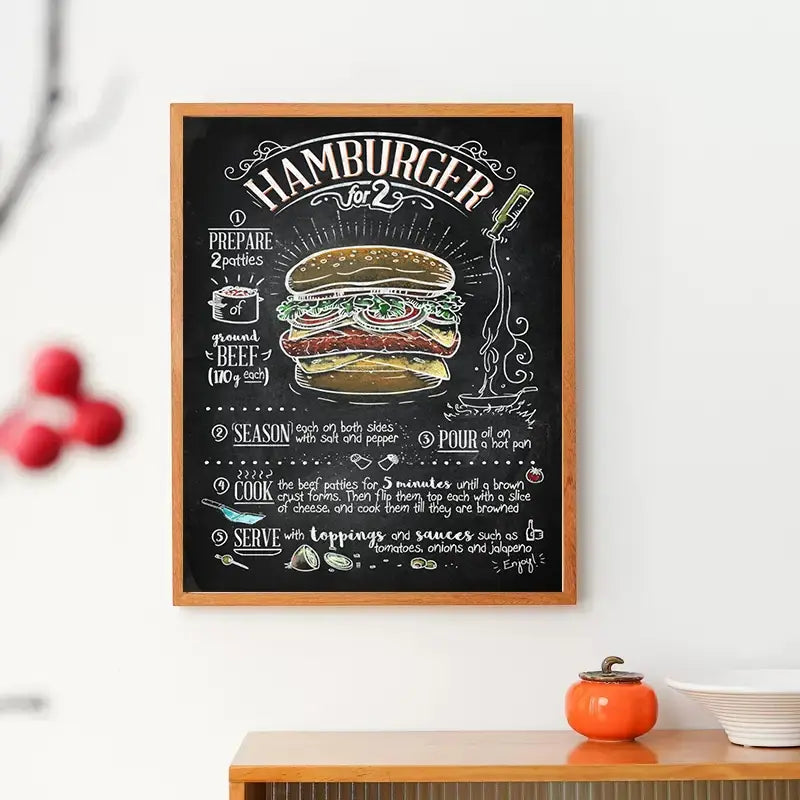 Retro Culinary Canvas Painting: Hamburger, Pizza, Steak