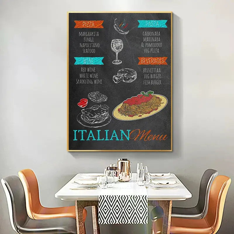 Retro Culinary Canvas Painting: Hamburger, Pizza, Steak