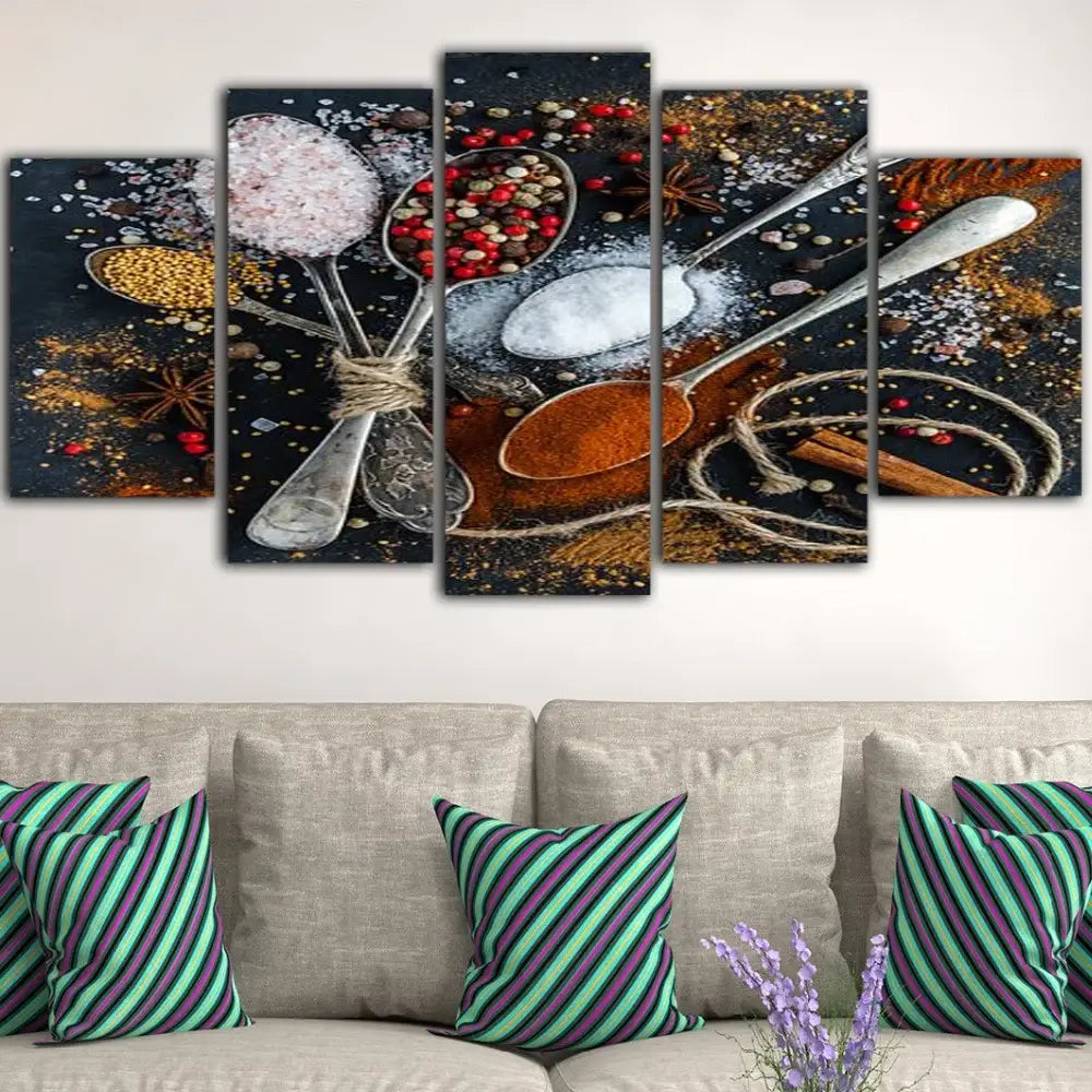 Five-Panel Canvas Wall Art Print of Kitchen Spices, Framed