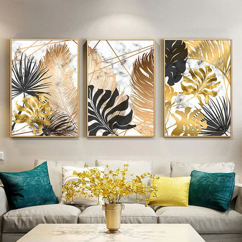 Golden Leaf & Marble Nordic Canvas - Abstract Modern Art for