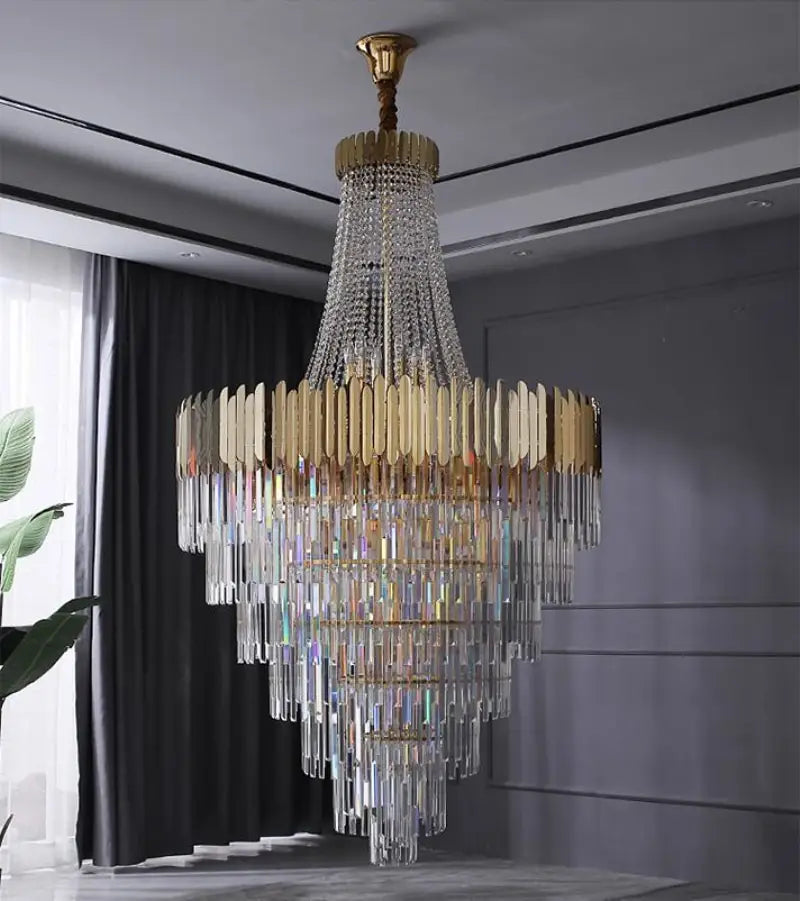 Double Height Large crystal chandelier gold luxury villa