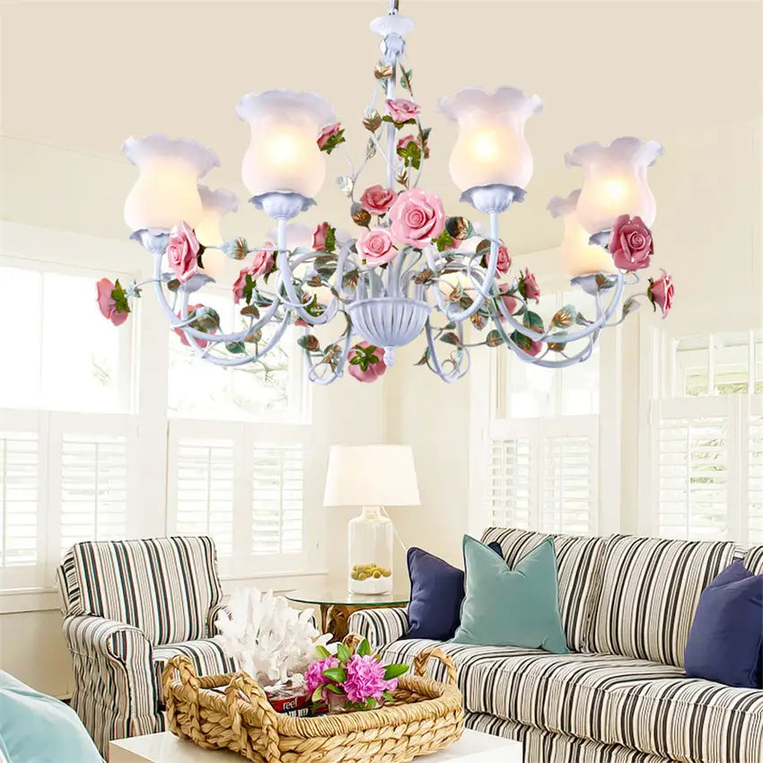 Floral E27 Led Chandelier White Flower Iron Alloy